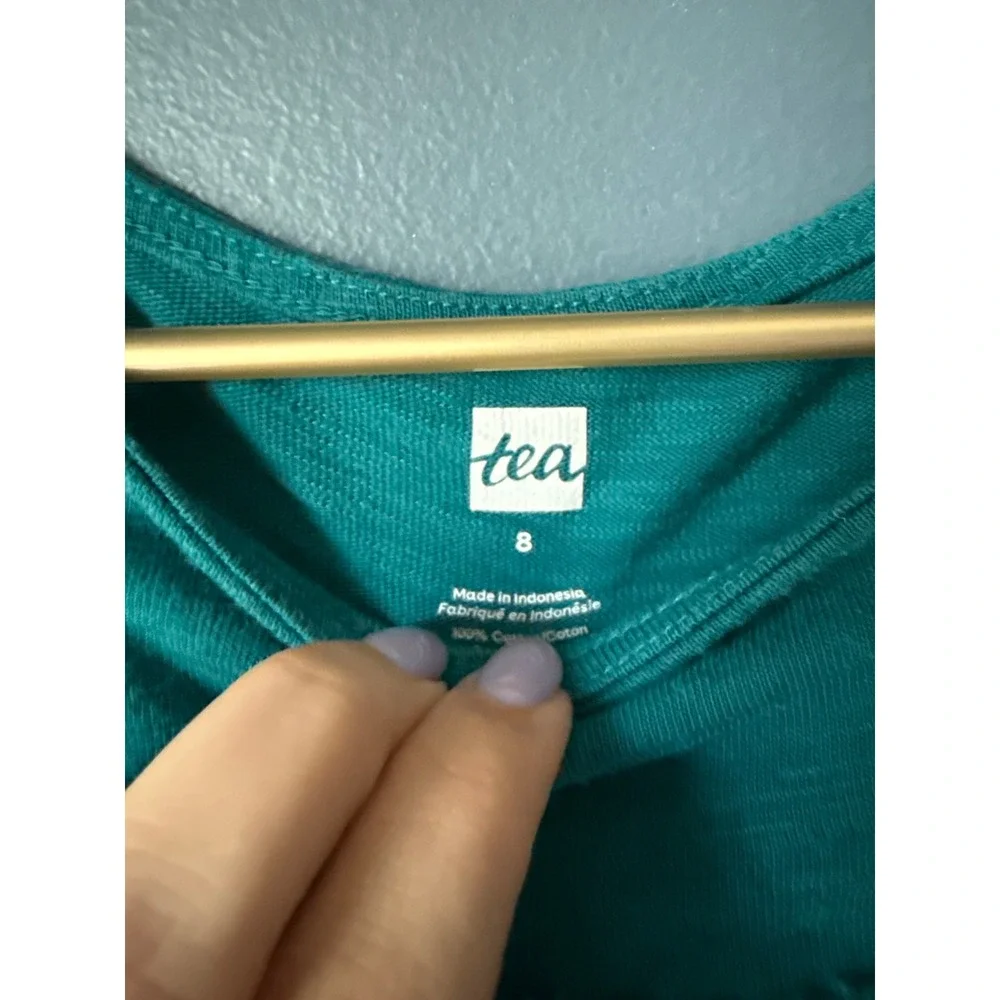 Tea Collection Girls Teal Green Ruffle‎ Flutter Sleeve Slub Cotton Dress Size 8